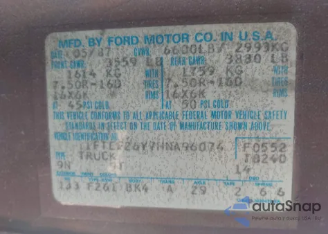 1987 Ford F250 from USA, damaged, VIN 1FTEF26Y7HNA96074